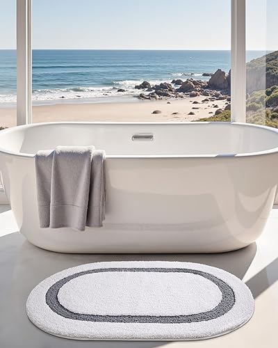 Miniatura 3 de LUMI Alfombra de baño ovalada blanca de 17 x 30 pulgadas, antideslizante, lavable, alfombra de baño suave y absorbente con microfibra de secado