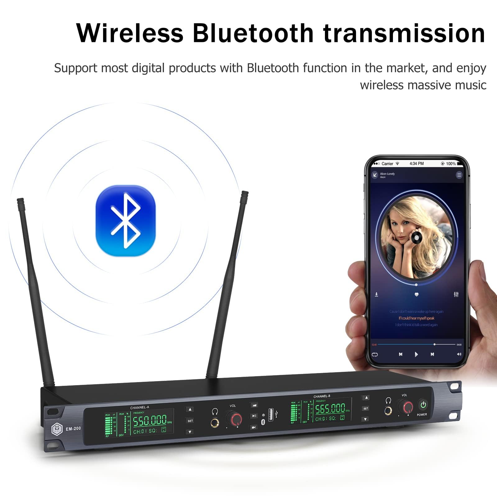 EM200 UHF - Sistema de monitor inalámbrico en el oído de 2 canales, 6 paquetes de monitoreo con auriculares en escenario, banda, estudio de grabación y actuaciones en vivo