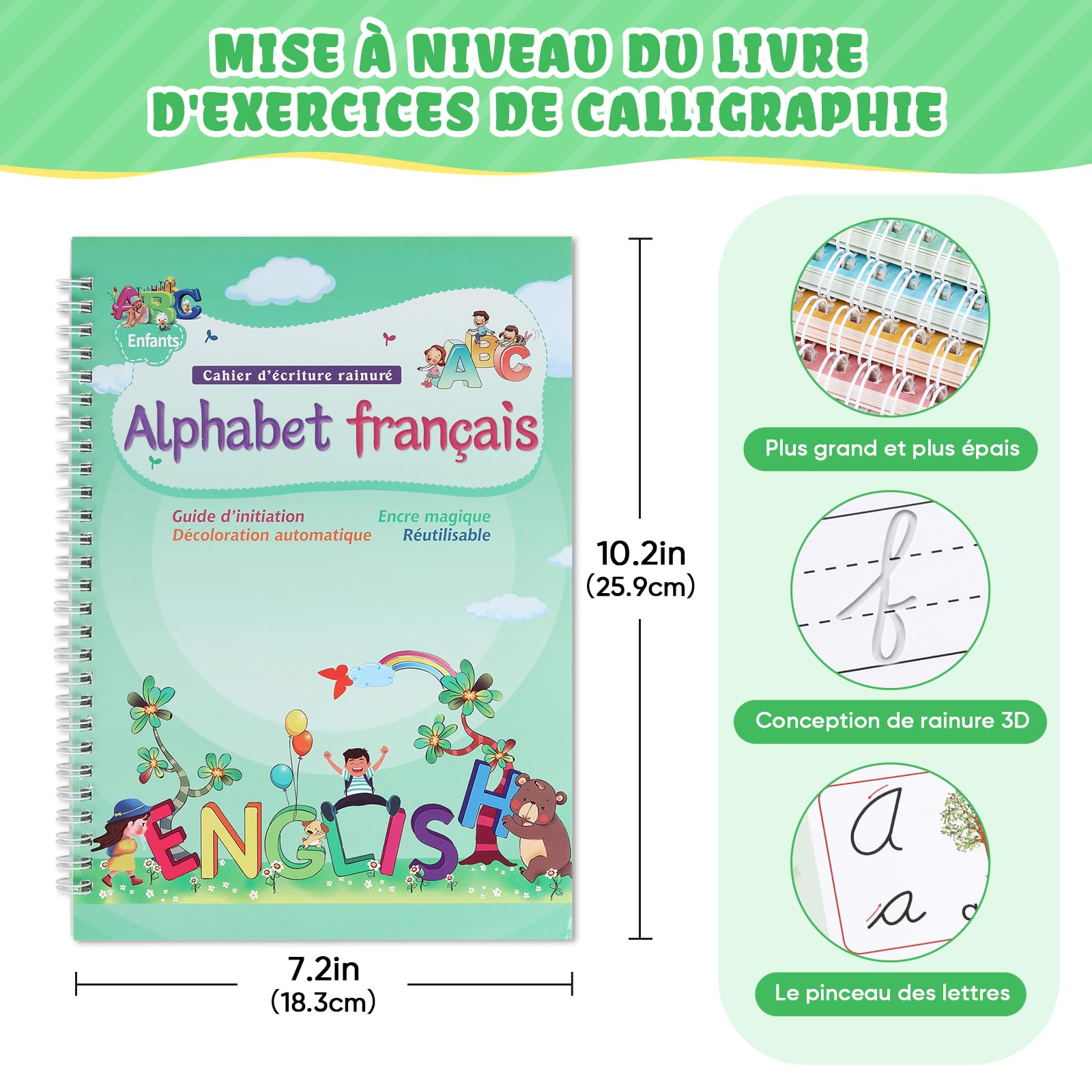 Cahiers d’exercices magiques pour l’écriture et la calligraphie - Réutilisables - 4 grands livres A4 et stylos (français non garanti)