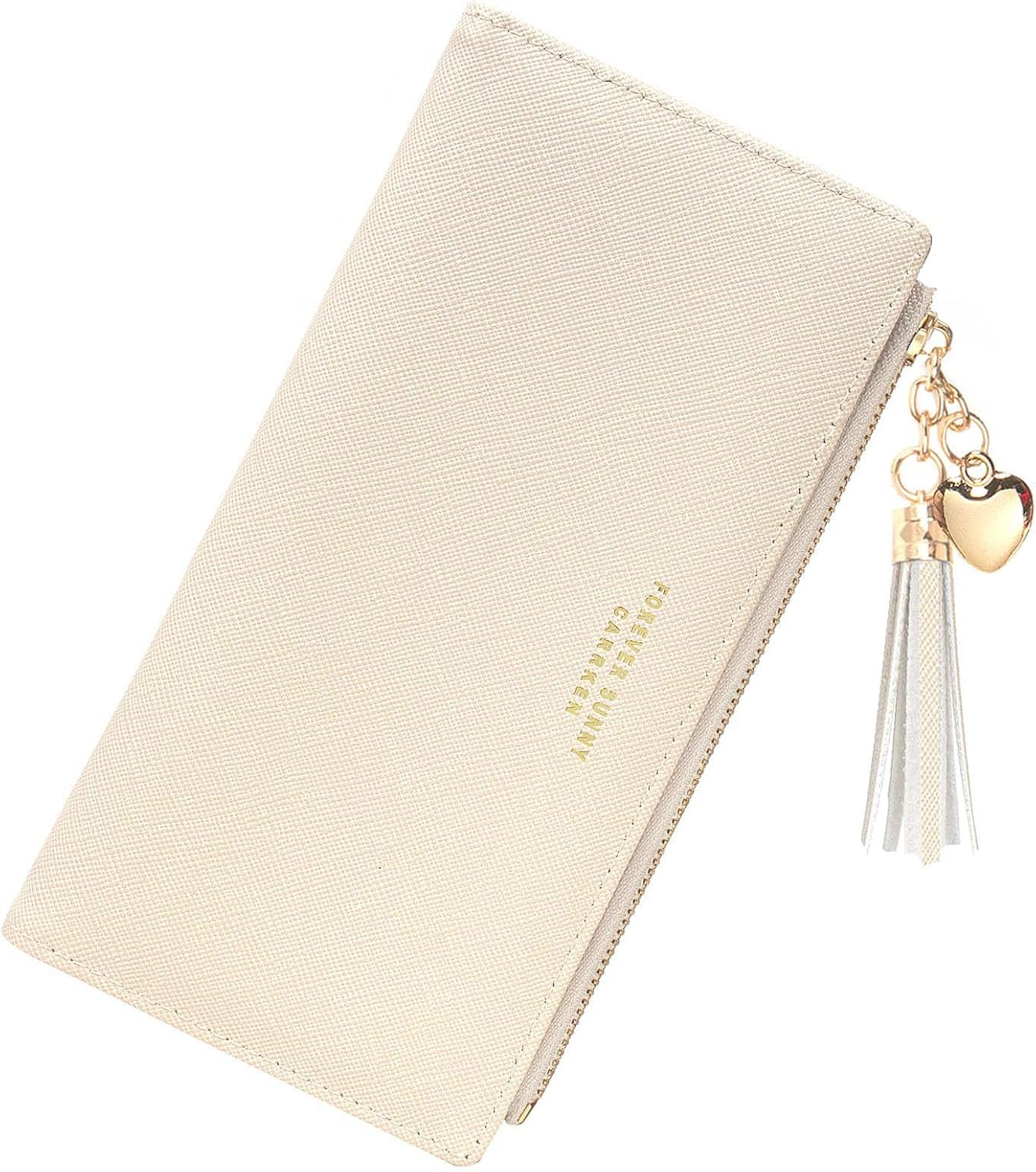 KOTORA Womens Slim Wallet Girls Thin Wallets Pretty Mini Long Card Holder Small Tiny Clutch Zip Purse Love Pendant Tassels Billfold (Beige) - Image 2