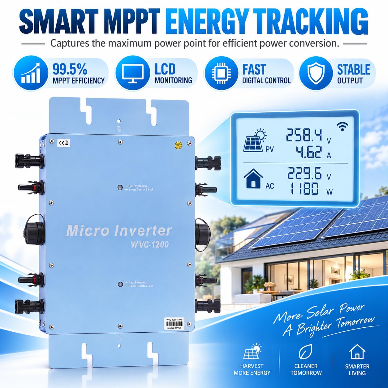 Inversor de red eléctrica para balcón, microinversor solar, WVC, inversor de módulo, microinversor, acoplado a la red, con indicador de vigilancia de datos CA, 4 rastreadores MPP, 1200 W, IP65