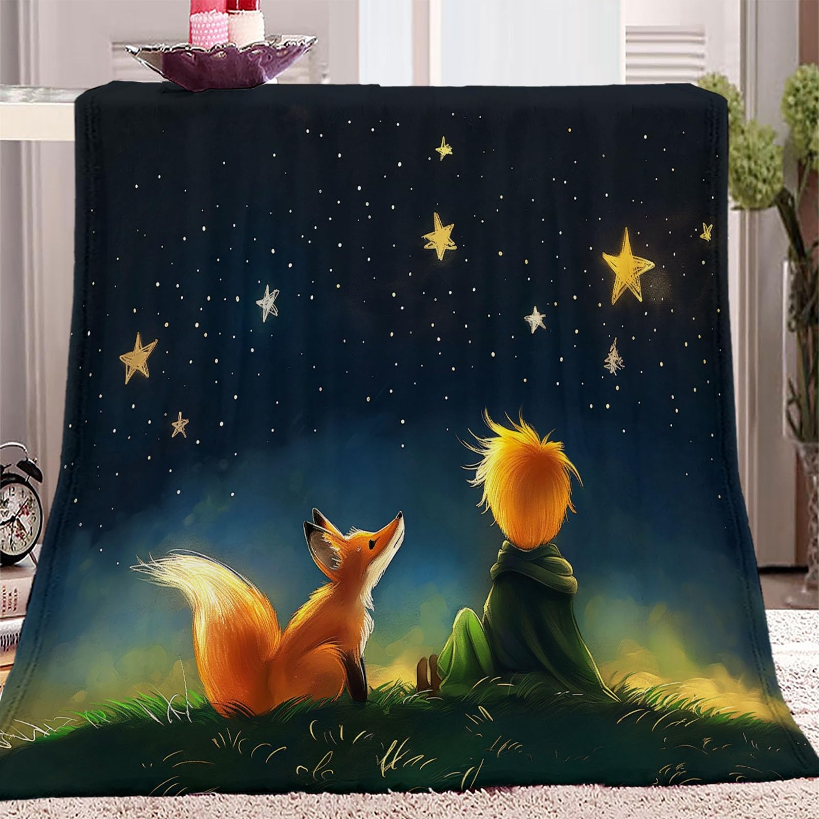 Flanell-Plüsch Kuscheldecke 150 x 200 cm - Fuchs- und Prinz-Motiv unter Sternenhimmel Muster Decken für das Winterschlafzimmer dekorativ Klimaanlagendecke Reisedecke