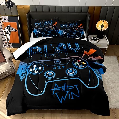 Ailonen Juego de ropa de cama para videojuegos, tamaño Queen, edredón de 3 piezas y 2 fundas de almohada con tema de control de videojuegos y