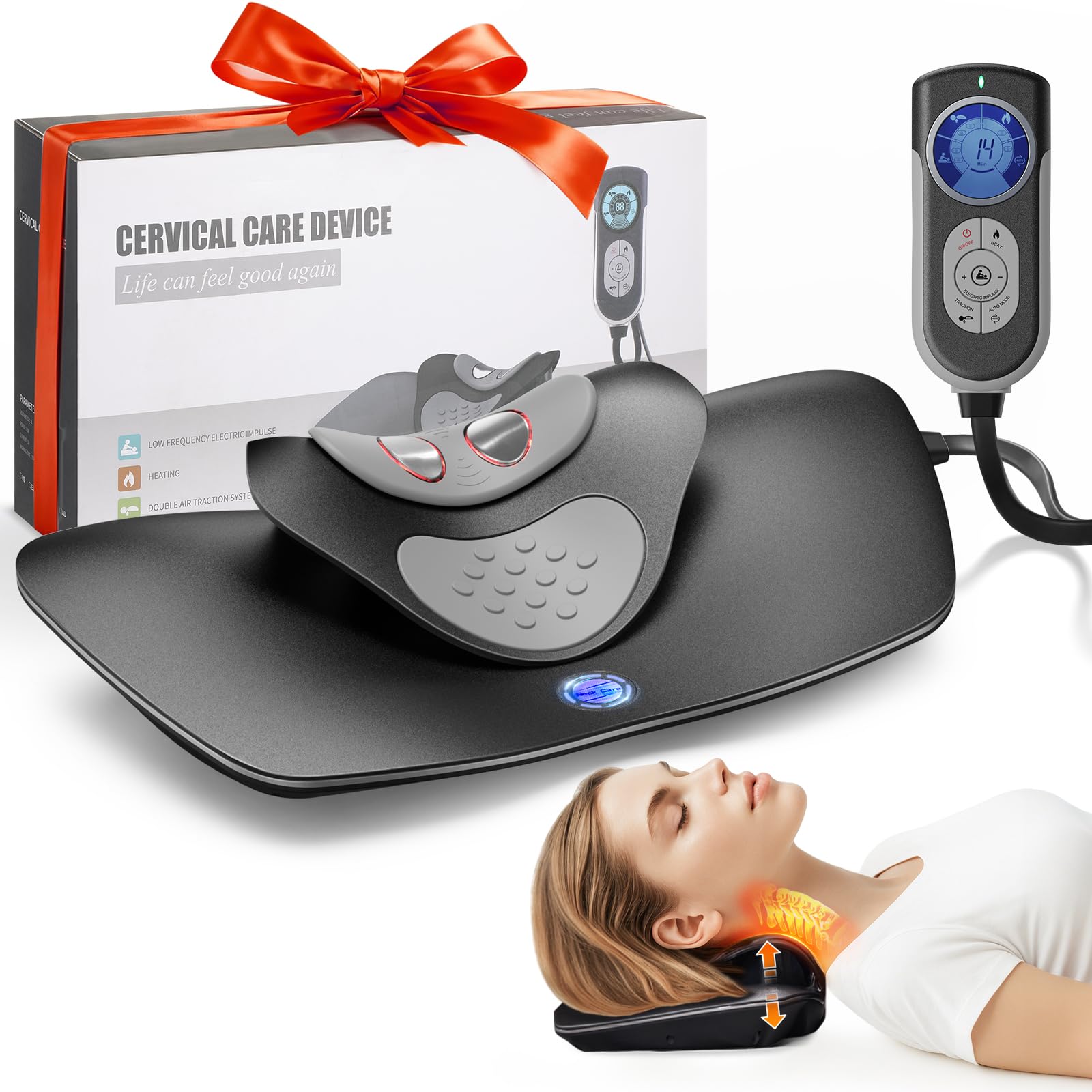 Multifunktionales Zervikal-Traktionsgerät, dynamisches Nackenmassagegerät mit gepulster Elektrotherapie & Wärme, 3 Modi, 12 Intensitäten, tragbarer Nackendehner, um Nackensteifheit zu