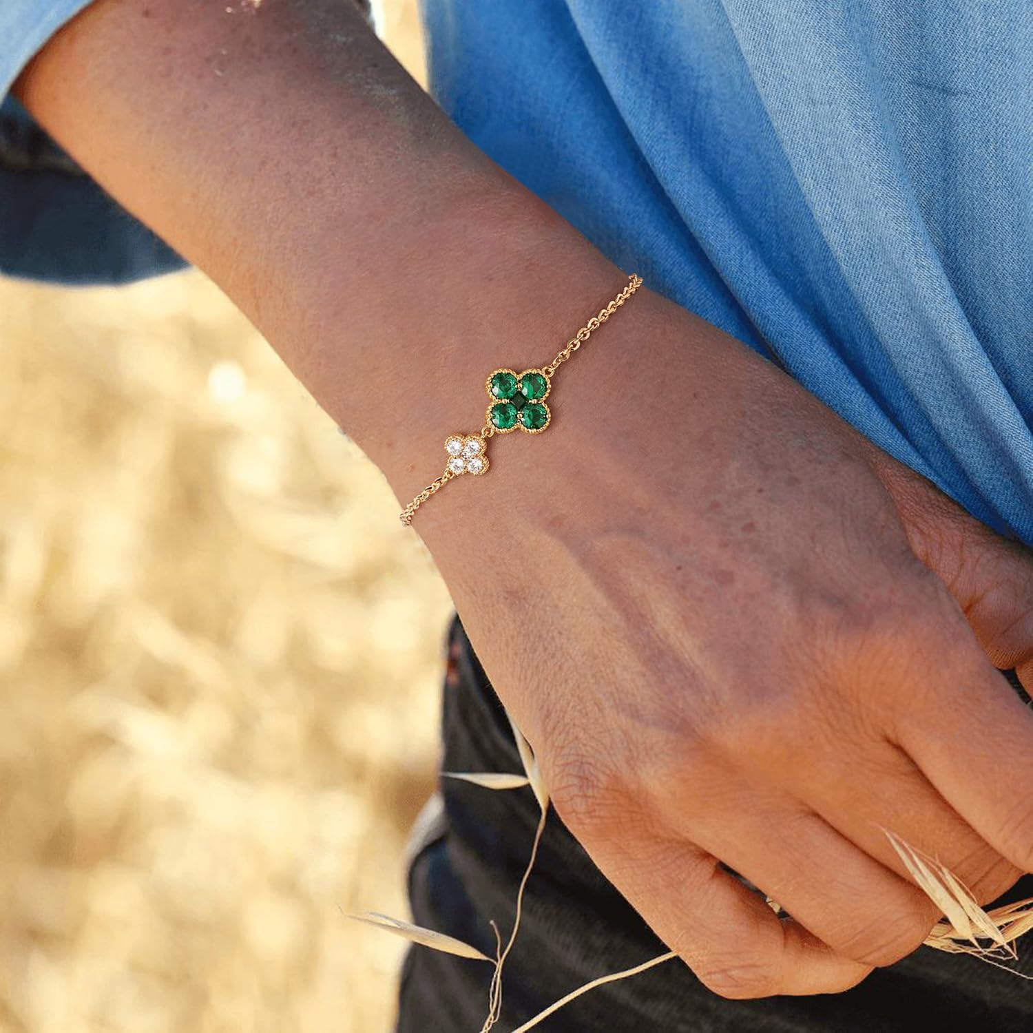 MYEARS Flower Bracelet for Women Gold Sideways Double Four-leaf-clover Link Charm 12 Month Birthstone Cubic Zirconia 14K Simple Dainty Thick Chain Floral Lucky Jewelry Gift - Image 2