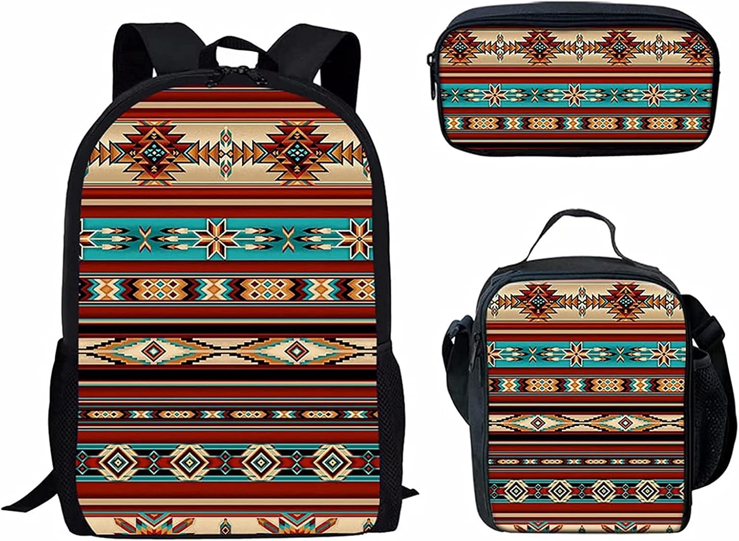 GLENLCWE Tribal Native Stripe Aztec Print Stylish School Bag 3 in 1 Backpack Combo Set,Preschool Backpack +Lunchbox+Pencil Case