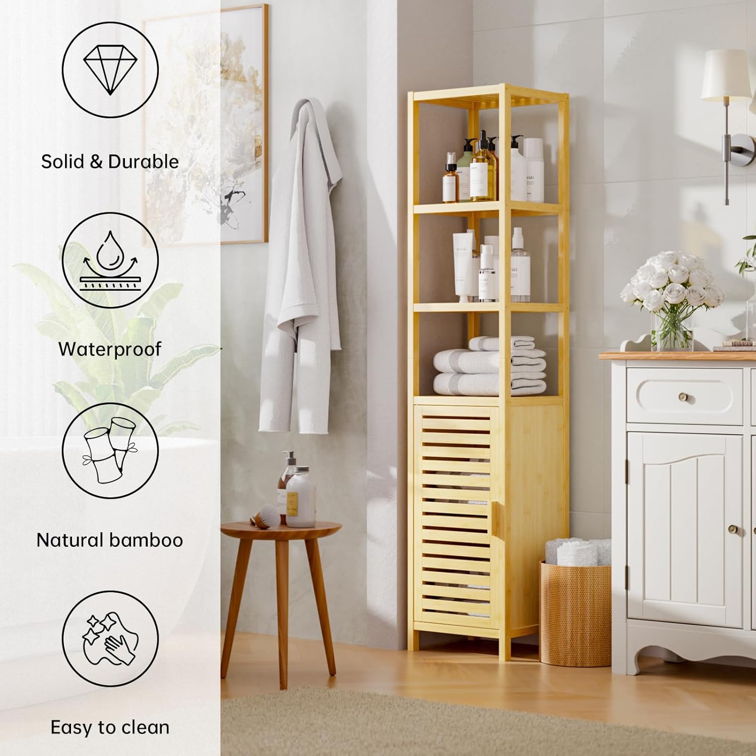 HITNET Bathroom Floor Cabinet, 6 Tier Tall Thin Linen Tower Storage Cabinet Free Standing Bamboo, Kitchen Side Organizer with 3 Shelves and Cupboard, Natural