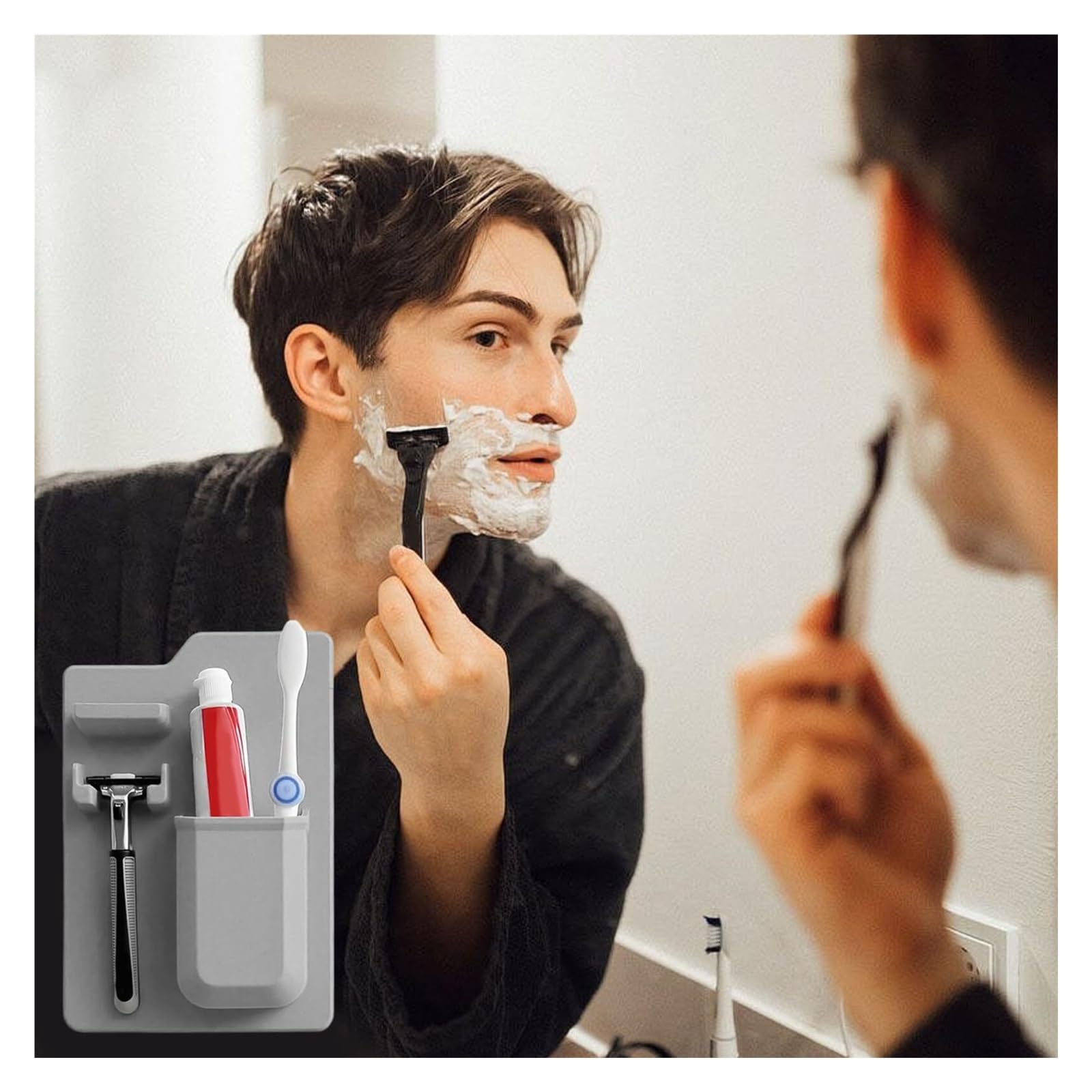 Portacepillos de Dientes Soporte for Cepillo de Dientes, Organizador baño Silicona con Parte Trasera Adhesiva, Almacenamiento montado en la Pared Gris Vaso de Enjuague bucal Reutilizable