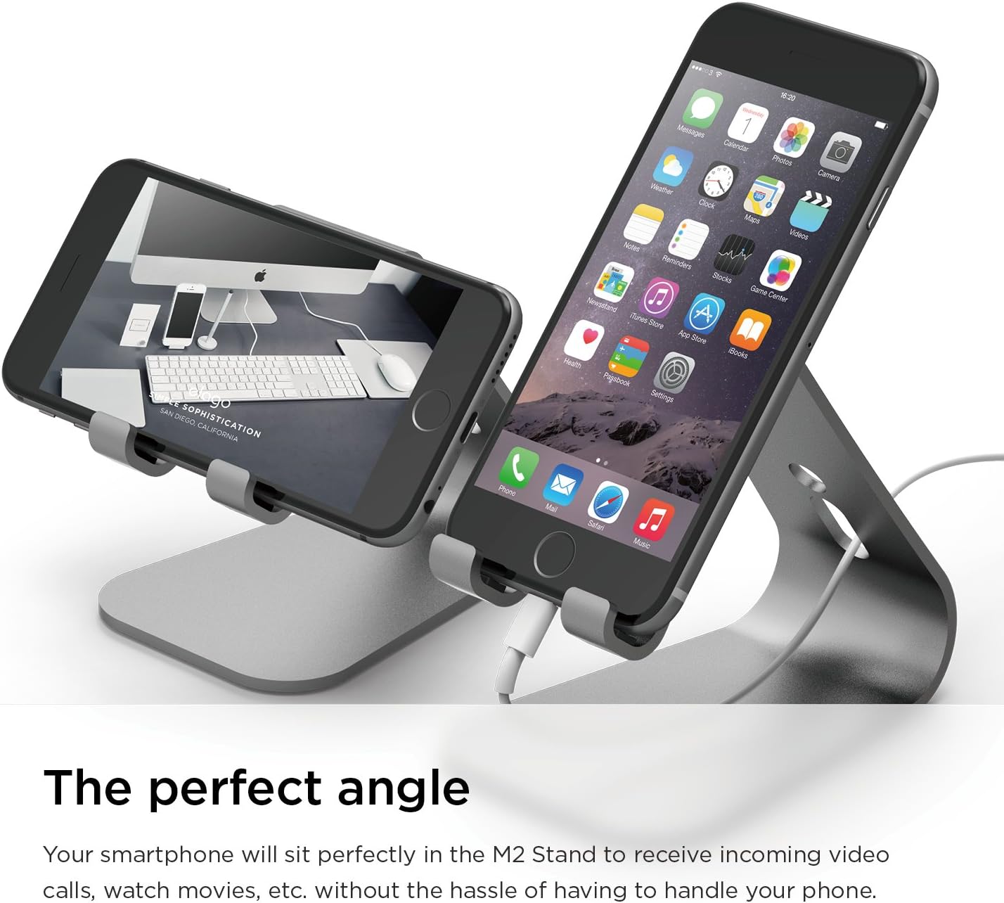 elago® M2 Stand [Dark Grey] - [Premium Aluminum][Angled for Video Calls][Cable Management] - for All iPhones, Galaxy, and Other Smartphones