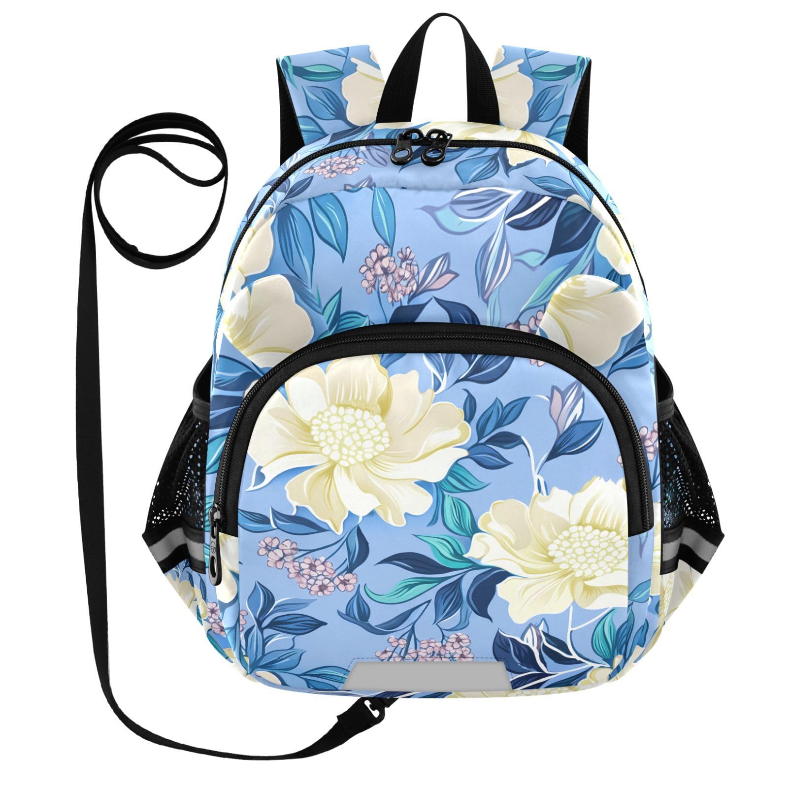 Creamy Flower Leaves Lightblue Toddler Harness Backpack for Boys Girls 3-6 Years Kids Backpack with Anti Lost Safety Leash Baby Protection Backpack for Travel Preschool Walking