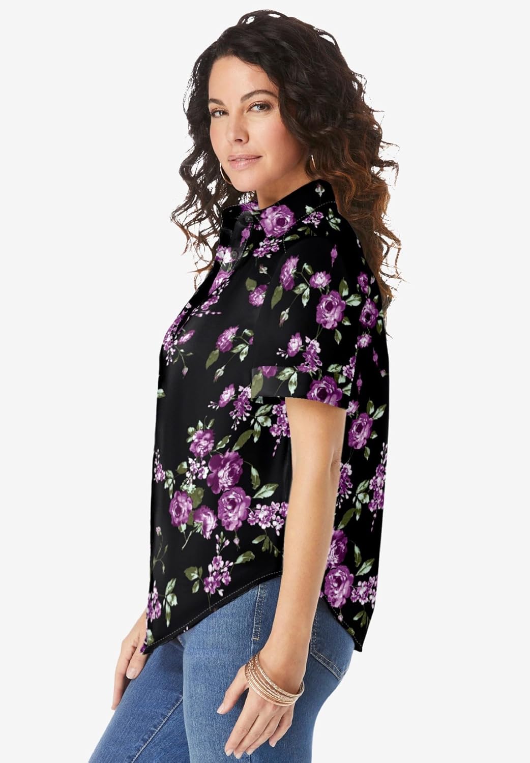 Roaman's Women's Plus Size Kate Short Sleeve Easy Cotton-Blend Button-Front Shirt