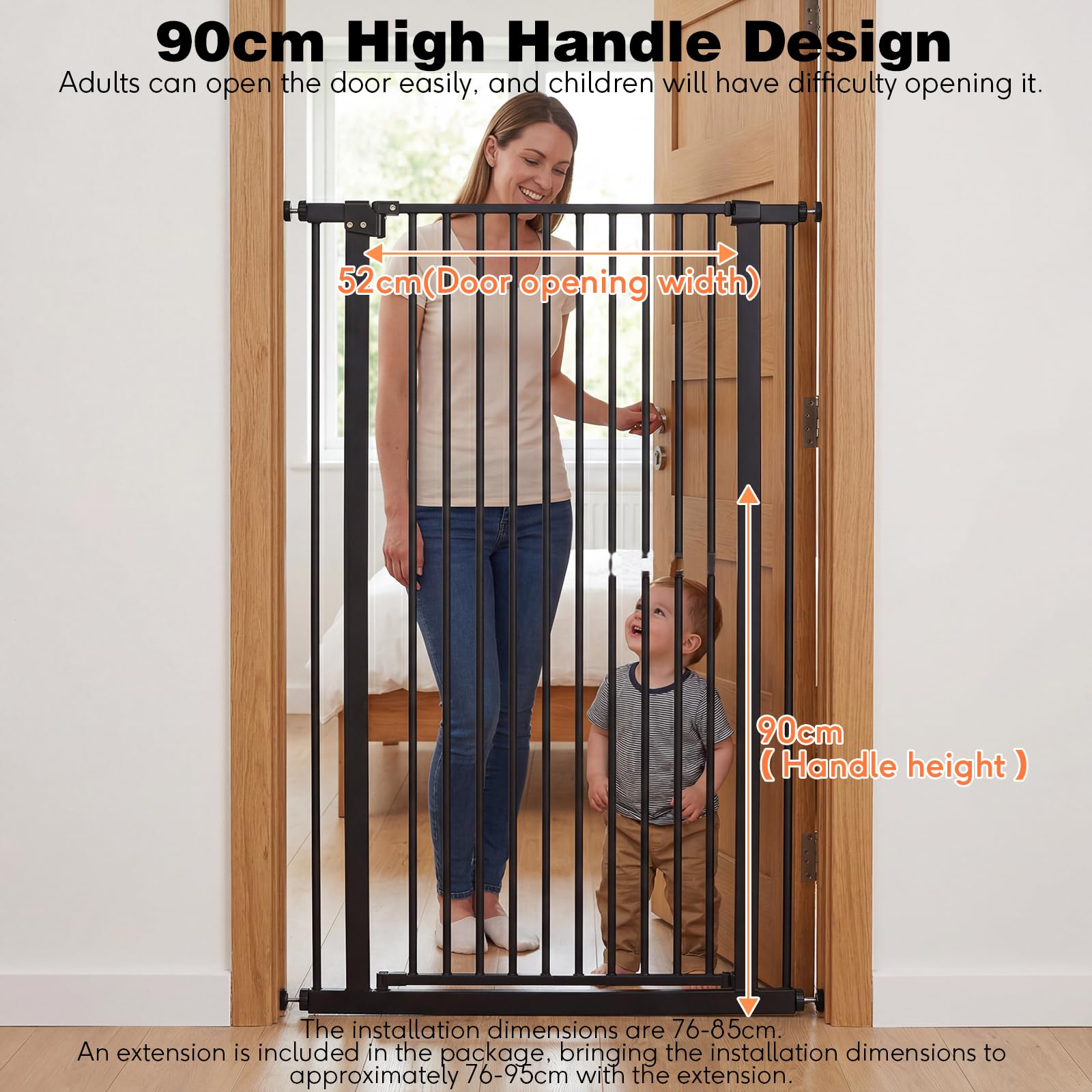 Cancello extra alto per cani e gatti, Porta per Animali 150 cm, in metallo, larghezza 75-85 cm, porta a doppio effetto, chiusura automatica, senza foratura, Adatto per corridoi/salotti(nero