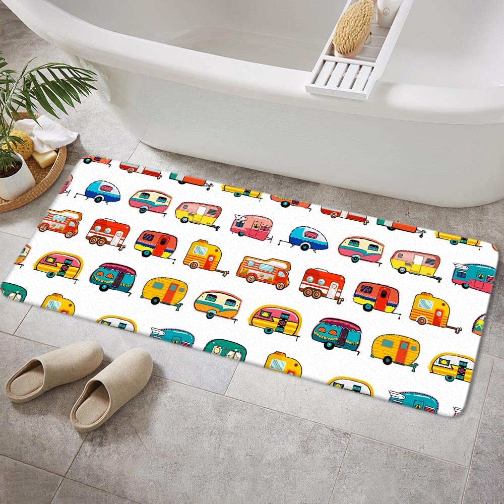 NYMB RV Bathroom Rugs Non-Slip, Camper Bath Rug, Travel Trailer Camping Theme Contour Mat and Toilet Seat Cover, Super Soft Bath Mats for Bathroom Floor, Kitchen,Tub and Shower Room,17X29IN