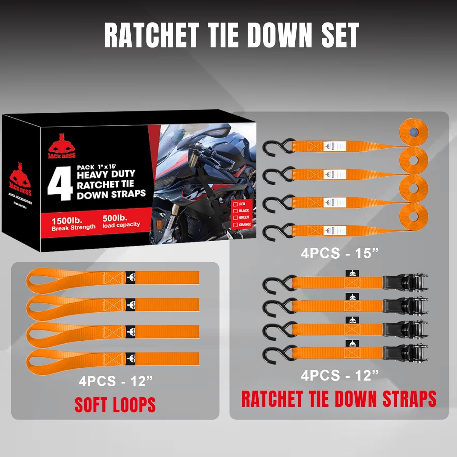 Ratchet Tie Down Straps Set,1500 lbs Break Strength,1" x 15' Heavy Duty Ratchet Straps with 4X Soft Loops Padded Handles Coated S Hook, Fits for Moving Appliances Motorcycle ATV Truck,Orange - Image 4