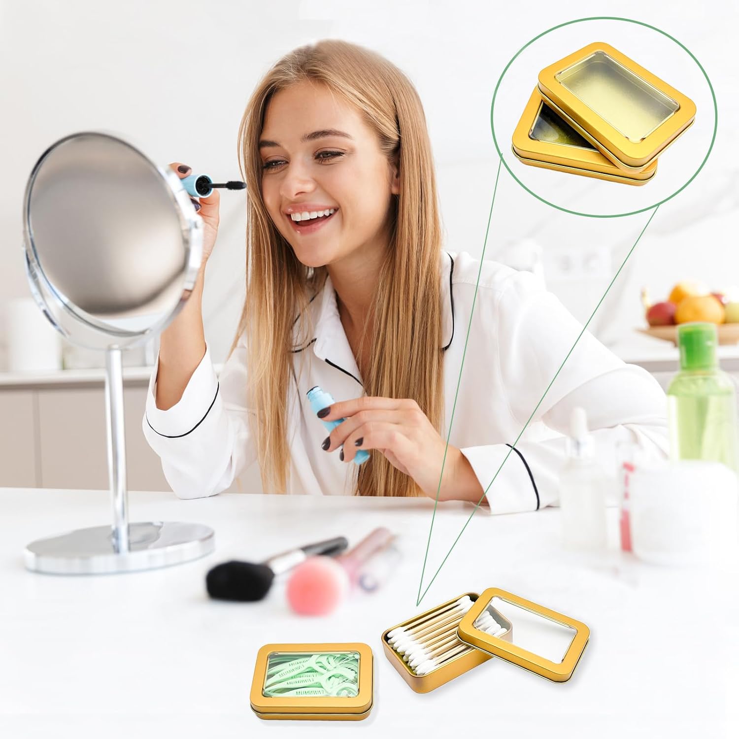 Cotton Swab Holder for Travel, 2 Pcs Portable Small Dental Floss Holder Empty Metal Cotton Ball Holder, Travel Floss Picks Case with Dustproof Lid for Cotton Swabs Hair Ties Floss, Gold - Image 2