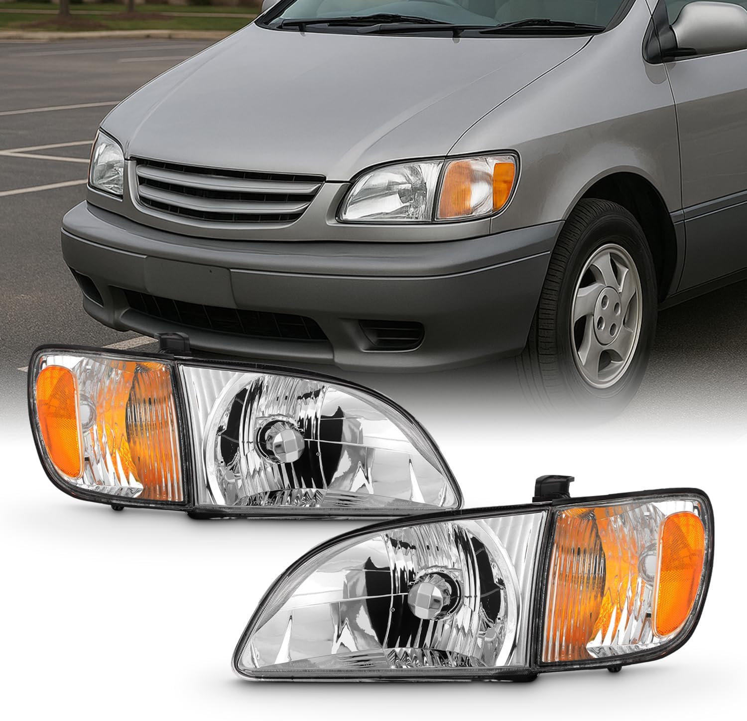 AKKON - Fit 2001 2002 2003 Toyota Sienna 01-03 Headlights Headlamp & Corner Lights Chrome Housing OE Style Driver - Passenger Direct Replacement