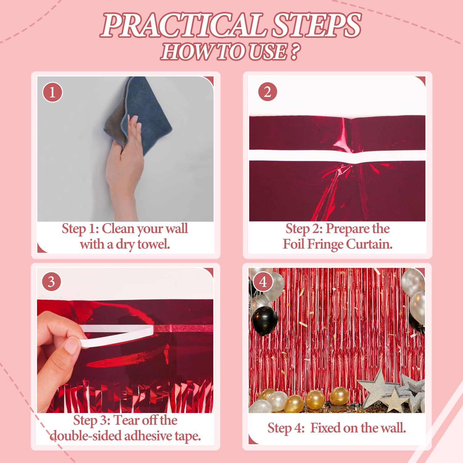 DECOCKRAT 3 Pack Foil Fringe Backdrop - Red Shiny Tinsel Curtains for Party Decoration/Photo Booth Props - 3.3x8.2 FT Metallic Foil Backdrop for Birthday, Wedding, Graduation, Christmas.