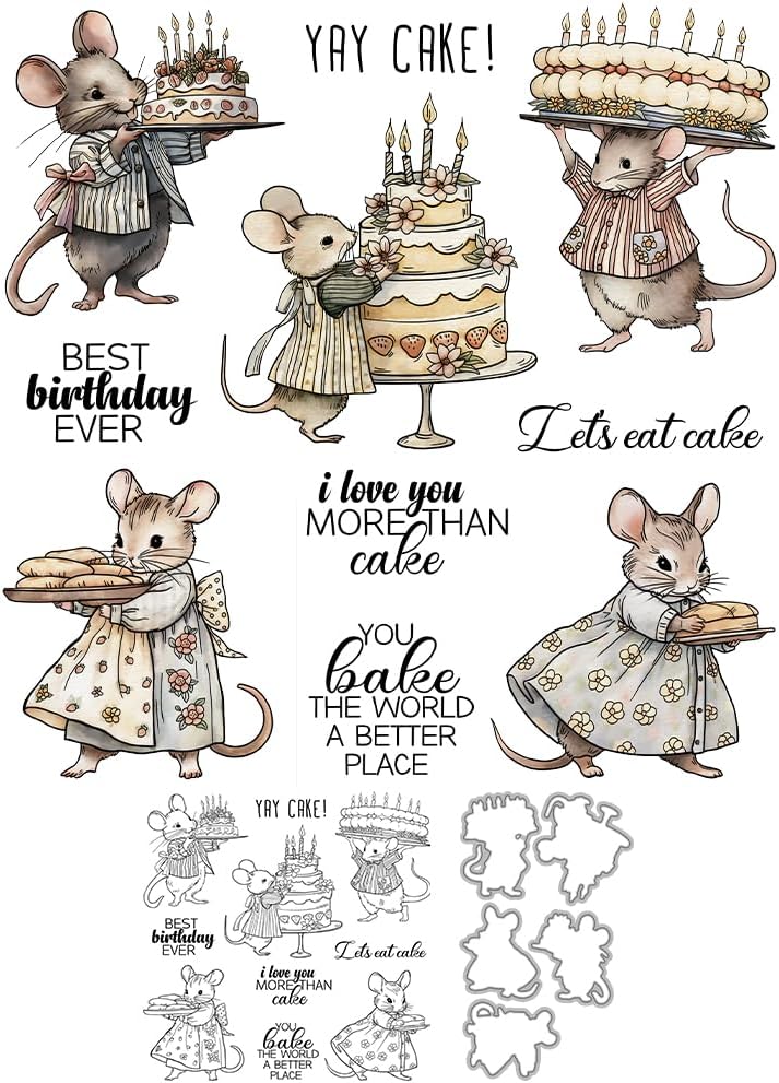 Happy Birthday Cakes Sweet Cute Mouse Family Clear Stamps and Metal Cutting Dies Set with Package Envelope Box for Card Making DIY Scrapbooking Supplies Silicone Stamp Knife Mold for Crafts