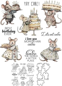 Happy Birthday Cakes Sweet Cute Mouse Family Clear Stamps and Metal Cutting Dies Set with Package Envelope Box for Card Making DIY Scrapbooking Supplies Silicone Stamp Knife Mold for Crafts