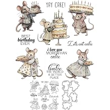 Happy Birthday Cakes Sweet Cute Mouse Family Clear Stamps and Metal Cutting Dies Set with Package Envelope Box for Card Making DIY Scrapbooking Supplies Silicone Stamp Knife Mold for Crafts