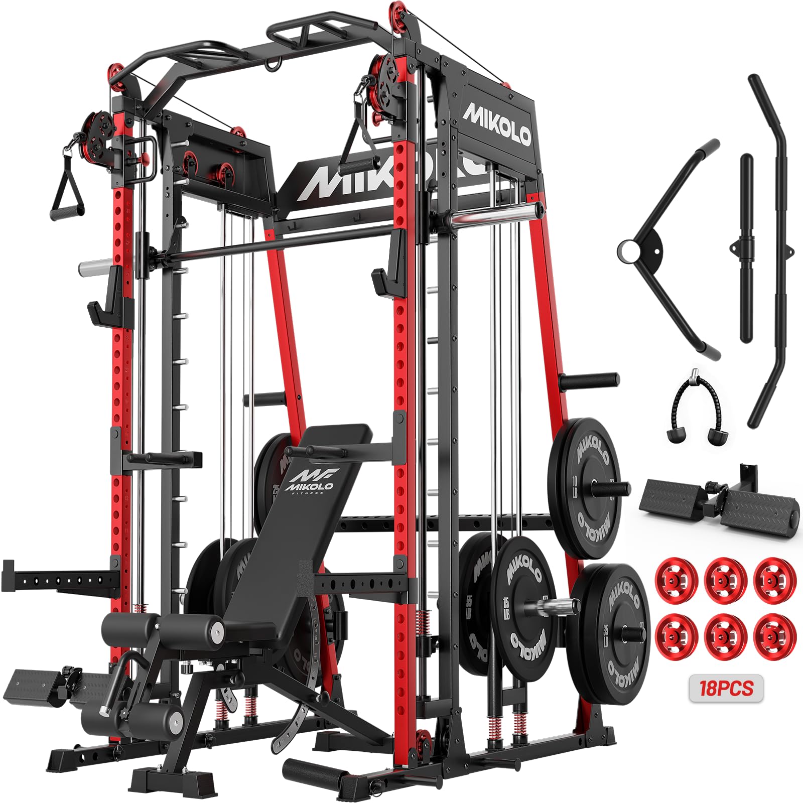 Mikolo M4 2.0 Smith Machine, 2200lbs Squat Rack with LAT-Pull Down System &amp; Cable Crossover Machine, Training Equipment with Leg Hold-Down Attachment