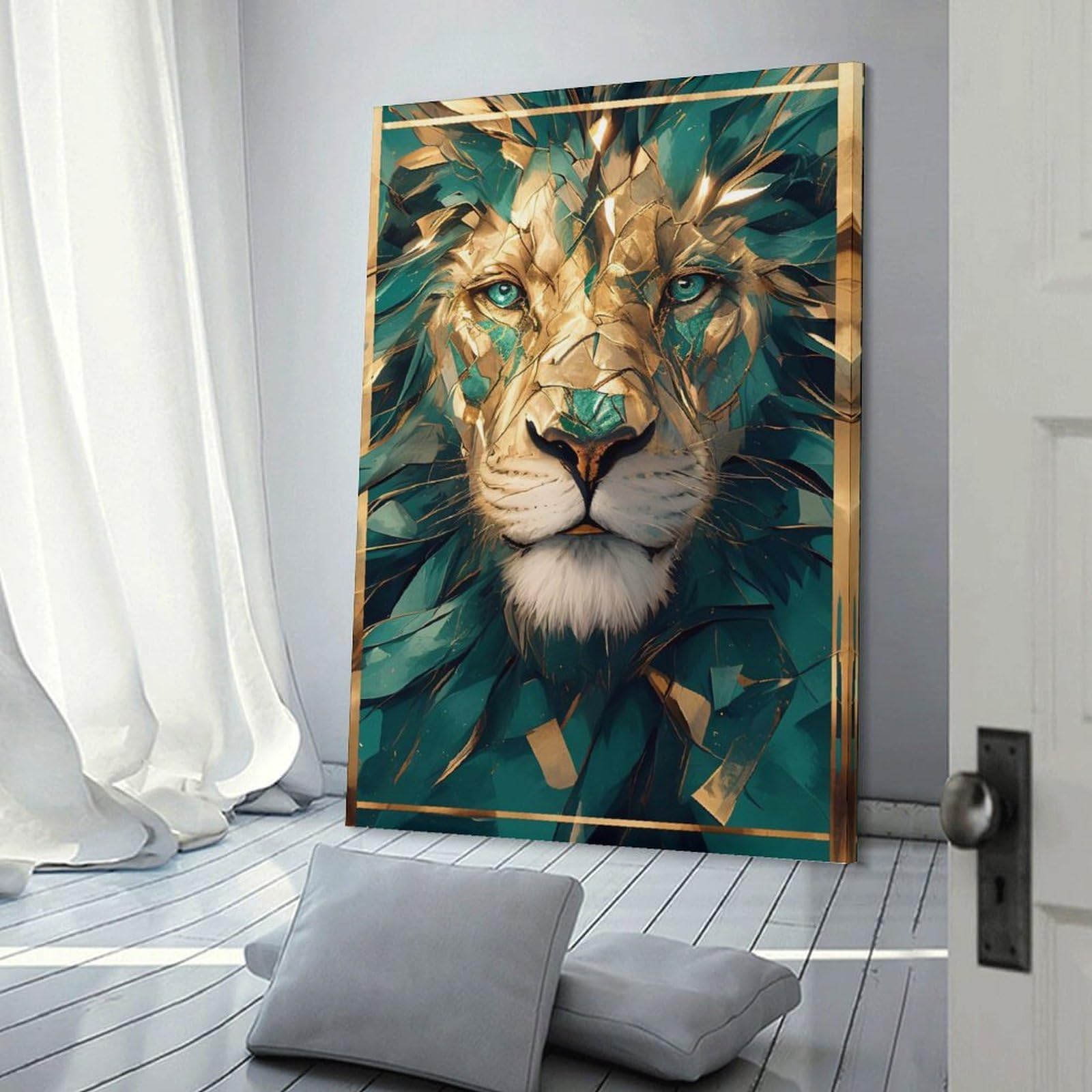 Junmoney Hanging Wall Art Emerald And Gold Lion Portrait, 24x36inch(60x90cm), for Wall Displays, Bedrooms Or Room Updates, Decorative Artwork with Flexible Styling
