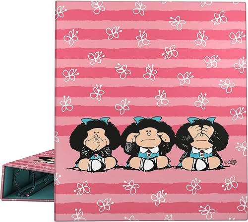 Grafoplás 88172657. Carpeta de anillos A4, 4 anillos mixtos de 1.575 in, suave antihuellas, colección Mafalda, Wisdom