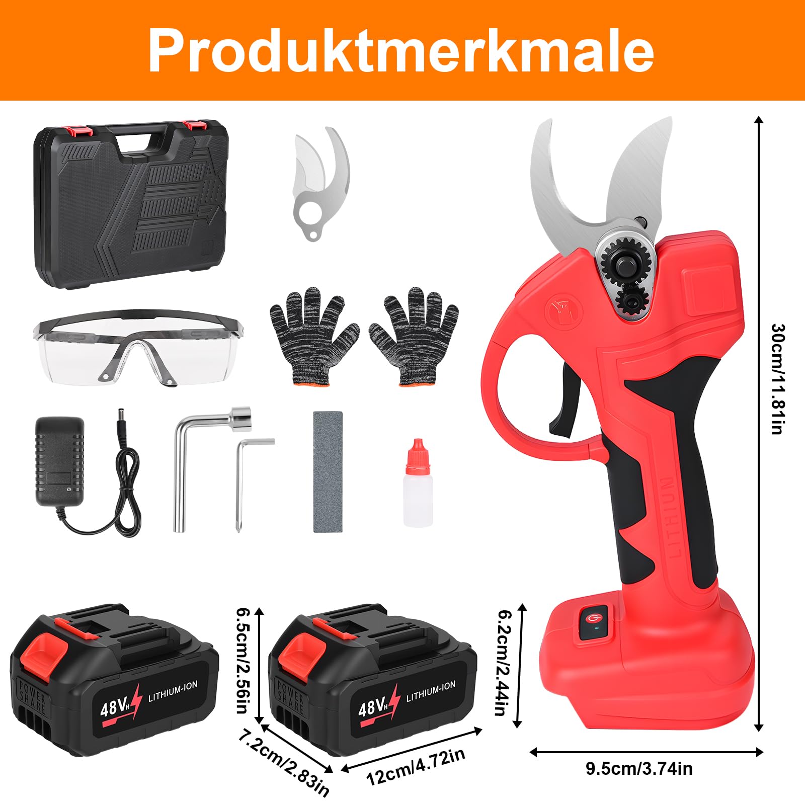 Akku Astschere,GuKKK 35mm Elektrische Gartenschere mit Akku mit 500W Bürstenlosem Motor, Professionelle Elektrische Gartenschere mit 2 Akku 2000mAh, Elektrisch Garten Schere für Zweige, Sträucher