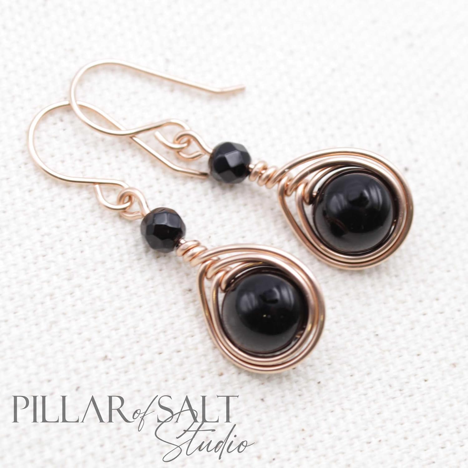 Pillar of Salt Studio Handcrafted Earrings Rose Gold-filled Wire Wrap with Black Onyx Gemstones (1" drop)