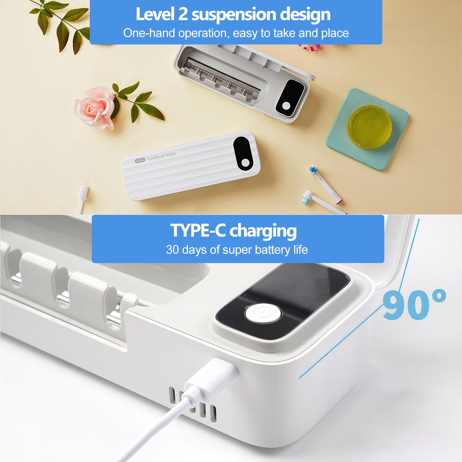 Igienizzante UV per spazzolino da denti, antibatterico, da parete, 5 slot, funzione timer, 2000 mAh ricaricabile, senza fili, montaggio a parete, bianco