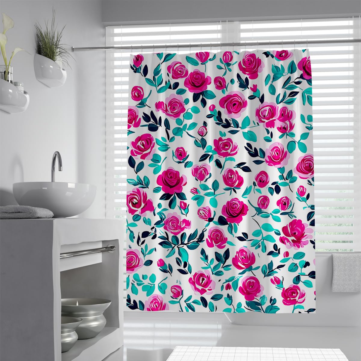UERWOWELL Vibrant Pink Rose Shower Curtain Green Leaves Bathroom Shower Curtains Washable Polyester Fabric Boho Chic Blossom Bath Curtain for Tub W180xL180 cm