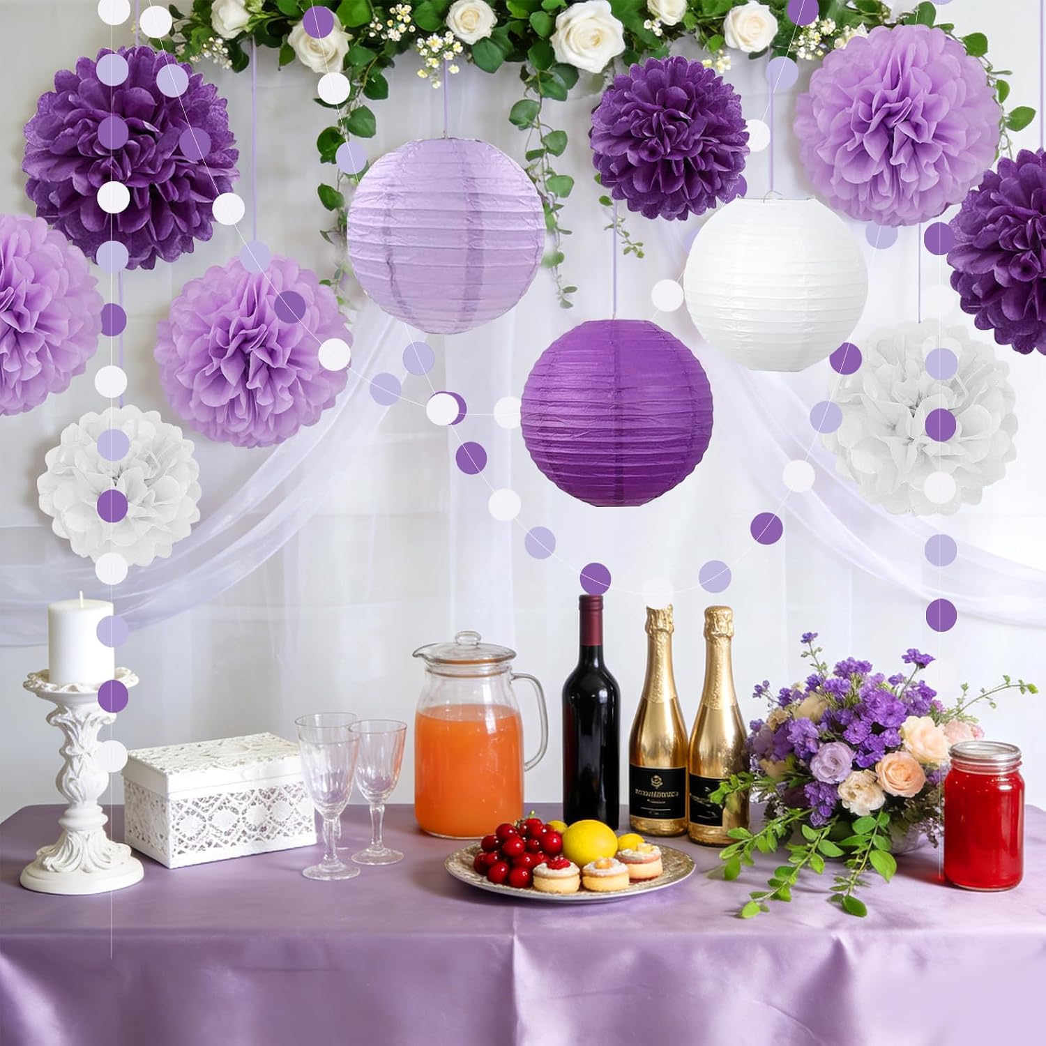 14 Pcs Purple Birthday Decorations, Pom Poms, Paper Lanterns, Dot Garlands image 5