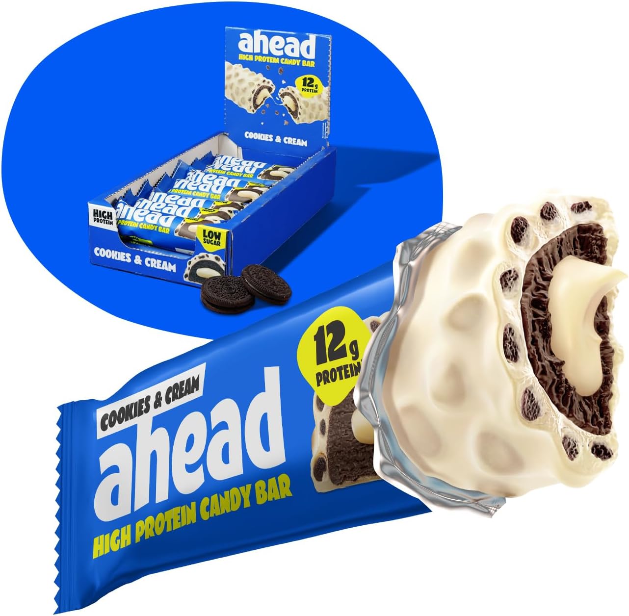 ahead Protein Bars | Cookies and Cream Flavour - 14x45g - 12g Protein per High Protein Candy Bar without added sugar