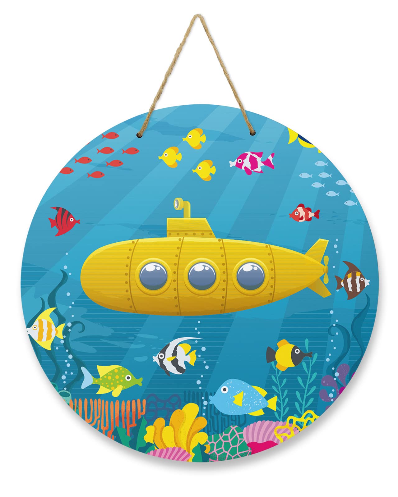 Welcome Sign for Front Door Decor,Cartoon Submarine Fish Wood Door Hanger for Outdoor Outside Porch,12 Inch Round Wooden Wreath Indoor Wall Hanging Decoration
