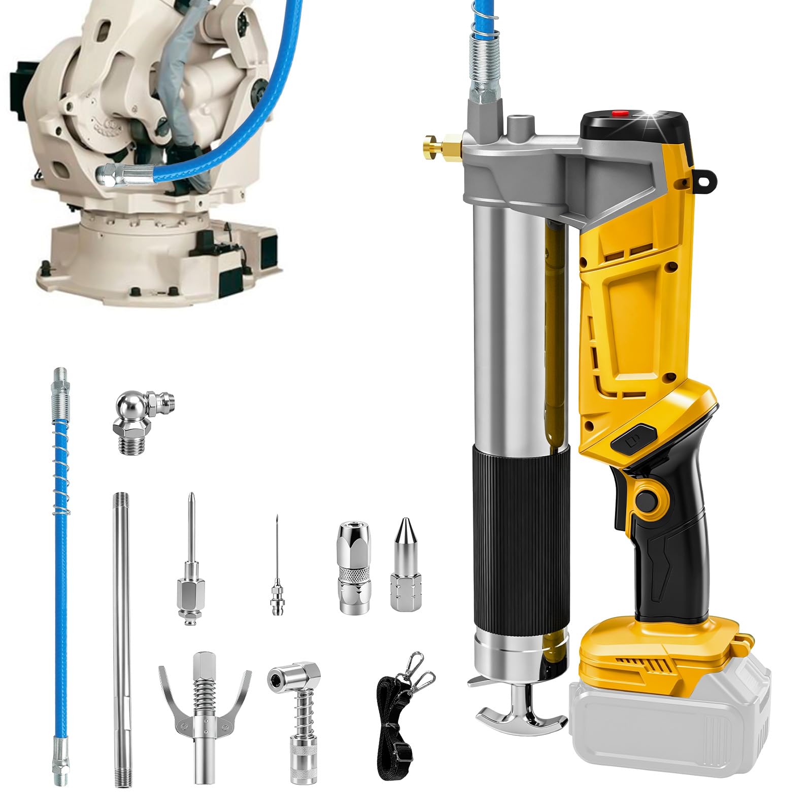 Pistola de engrase a batería compatible con batería Dewalt de 20 V, caudal de 160 g/min, 6000 – 13000 PSI de alta presión | Luz LED, diseño 2 en 1 (parado/tumbado), para coche, maquinaria