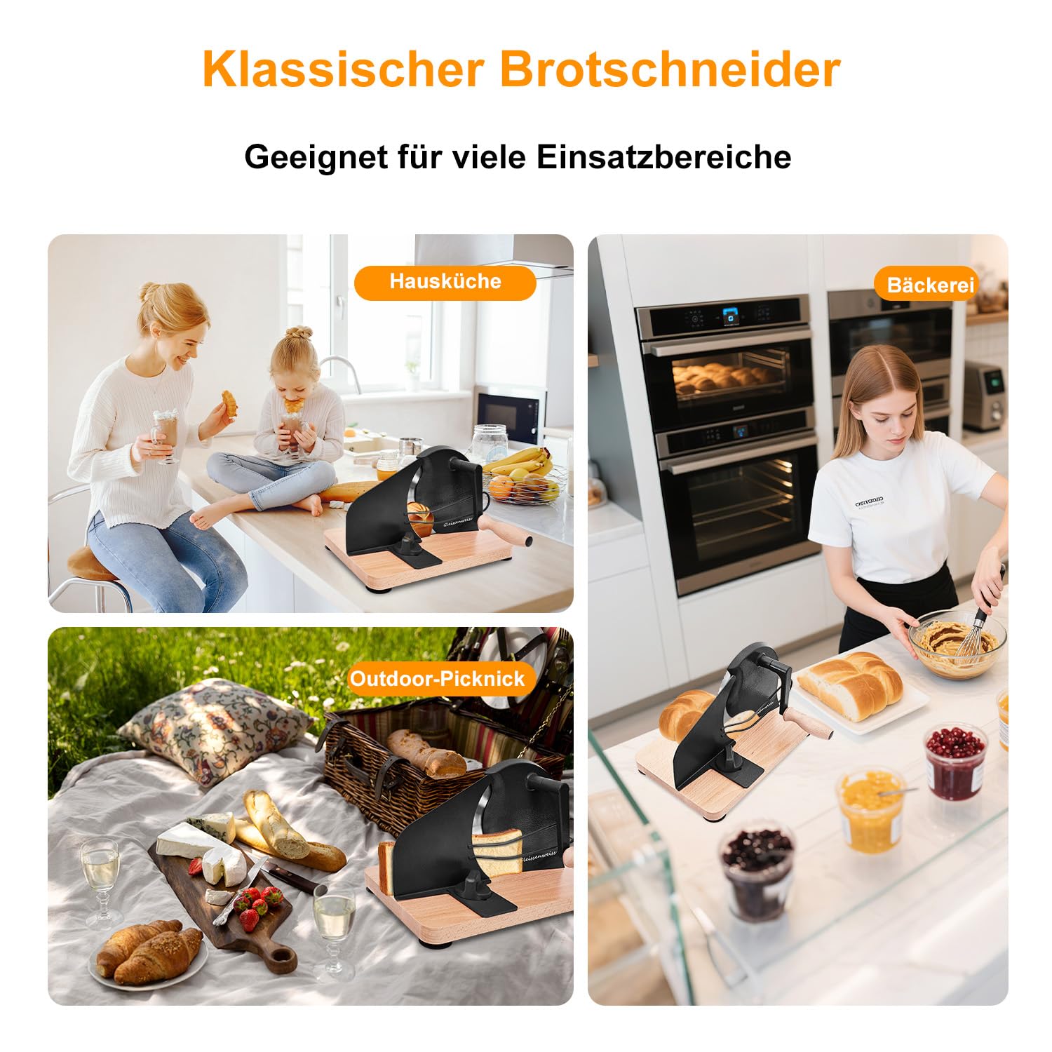 Manuelle Brotschneidemaschine mit Handkurbel, Einstellbare Scheibendicke 0–20 mm, Edelstahl-Wellenschliffklinge, Massivholz-Basis, Für Sauerteigbrot, Selbstgebackenes Brot, Toast & Baguette