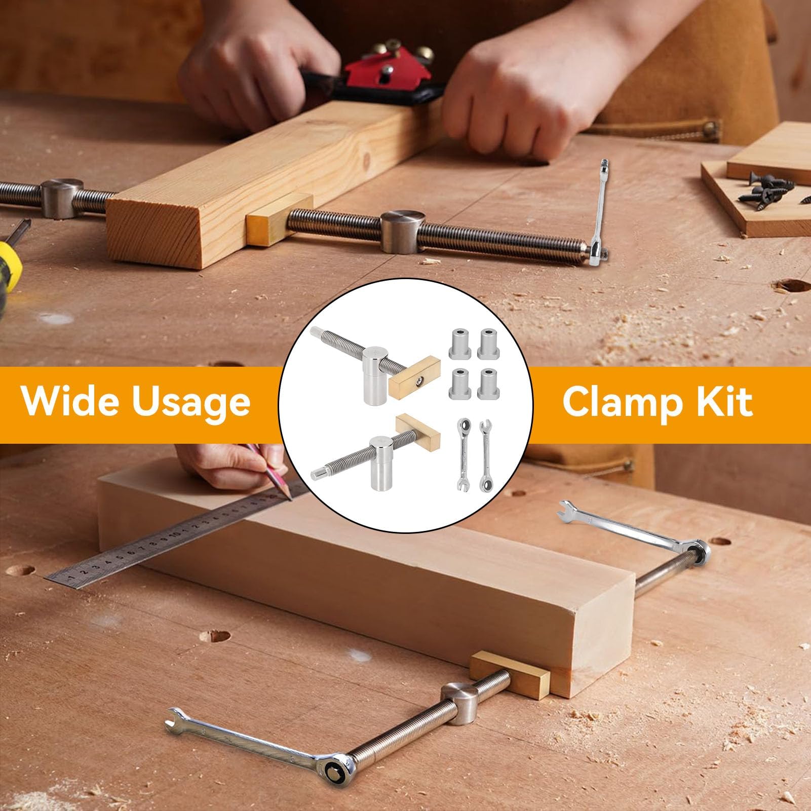 Lot de 2 pinces d'établi de 20 mm avec 4 chiens de banc pour trou de 20 mm, clips de bureau réglables, fixation, bancs d'étau, outil de menuiserie, positionnement DIY (argenté)