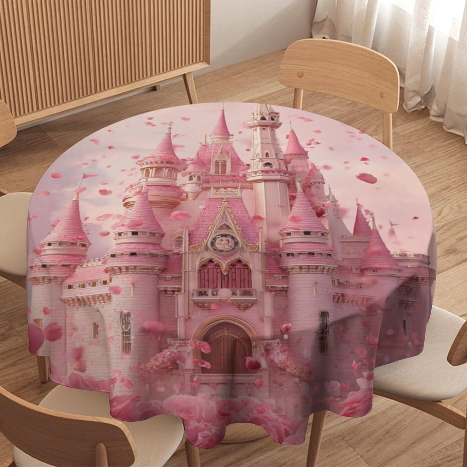 LUYYSKY Colorful Magic Castle Waterproof Round Tablecloth Modern Romantic Fairy Tale Forest Pink Roses Flowers Heart Print Washable Table Cover for Kitchen-152.4" Wx152.4 L cm