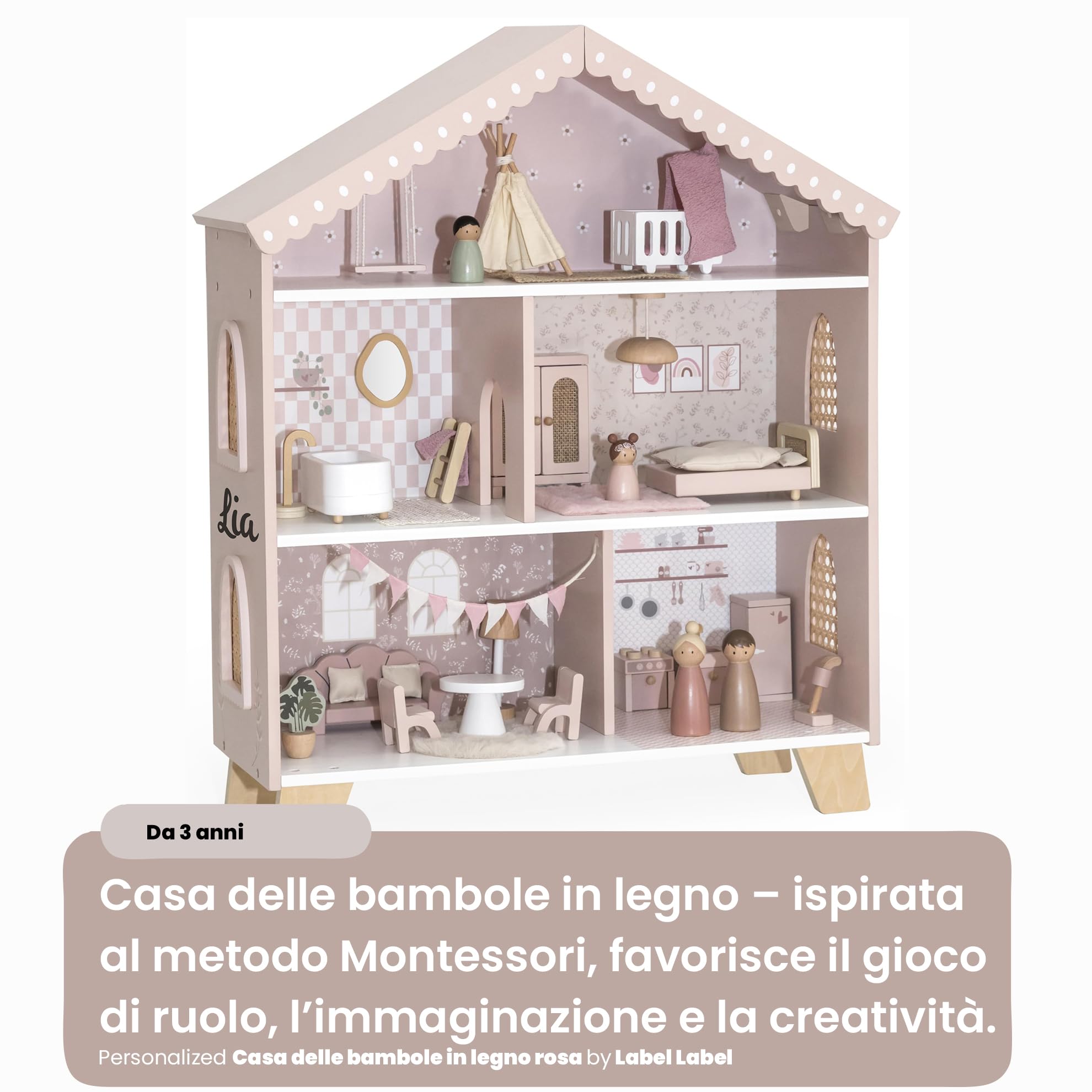 Personalizzabile Casa delle Bambole in Legno Rosa – Ispirata al metodo Montessori & Gioco di Ruolo – dai 3 Anni – Personalizzata con Nome – Label Label