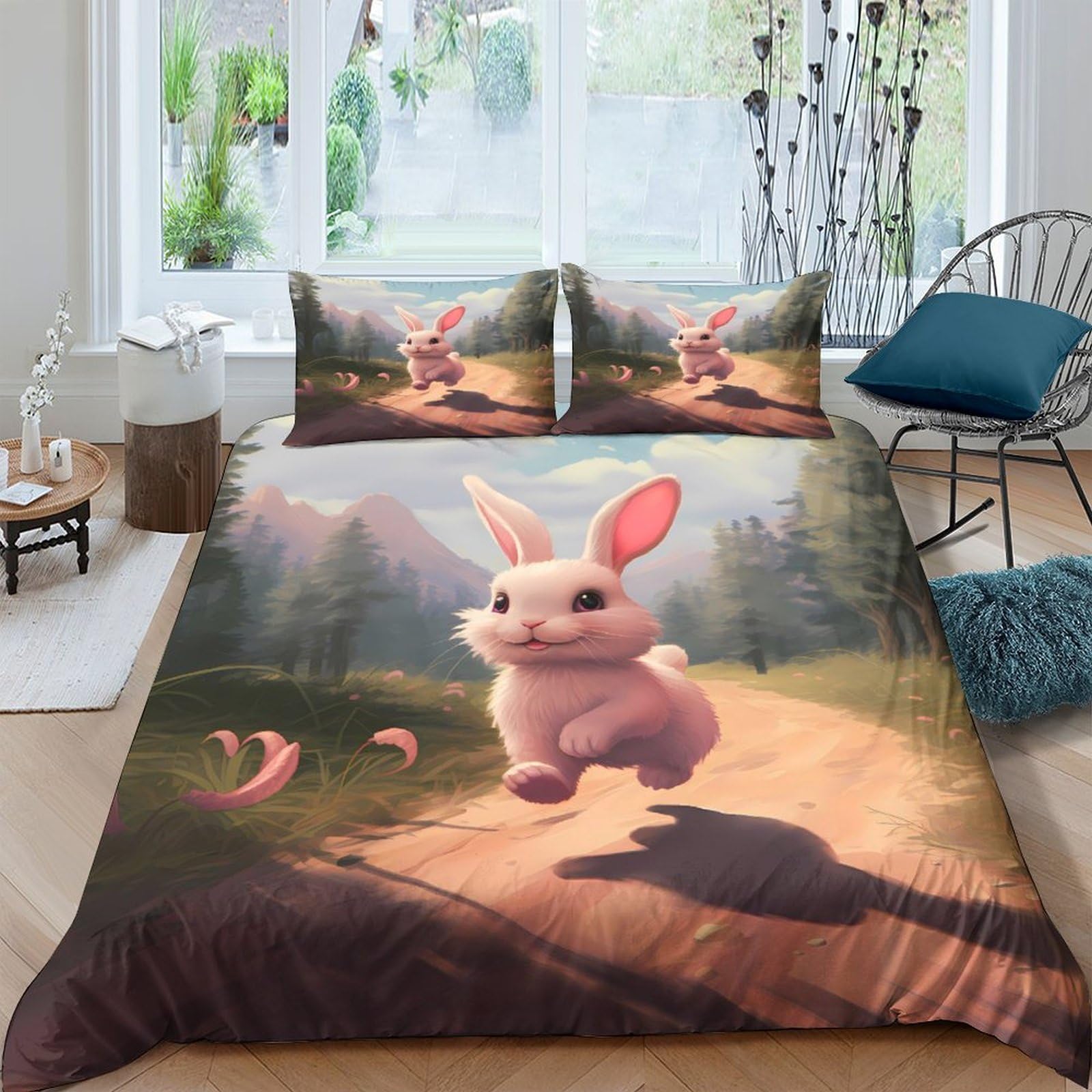 Ctjqhvkz Style-9 3D Printed Cute Bunny Fitted Sheet Microfiber Soft Non-Slip Cartoon Forest Path Bed Cover For Bedroom Dorm Mattress Decor Single（135X200cm）