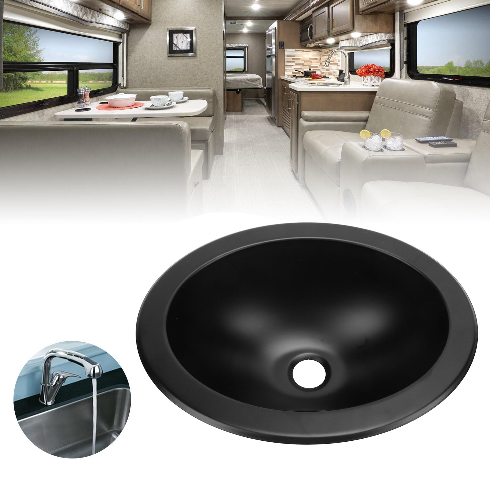 Fregadero de Cocina para RV, Fregadero Ovalado Redondo de Acero Inoxidable para RV, Lavabo para Baño con Salida de 40Mm, Fregadero de un Solo Recipiente, para RV Barco Autocaravana