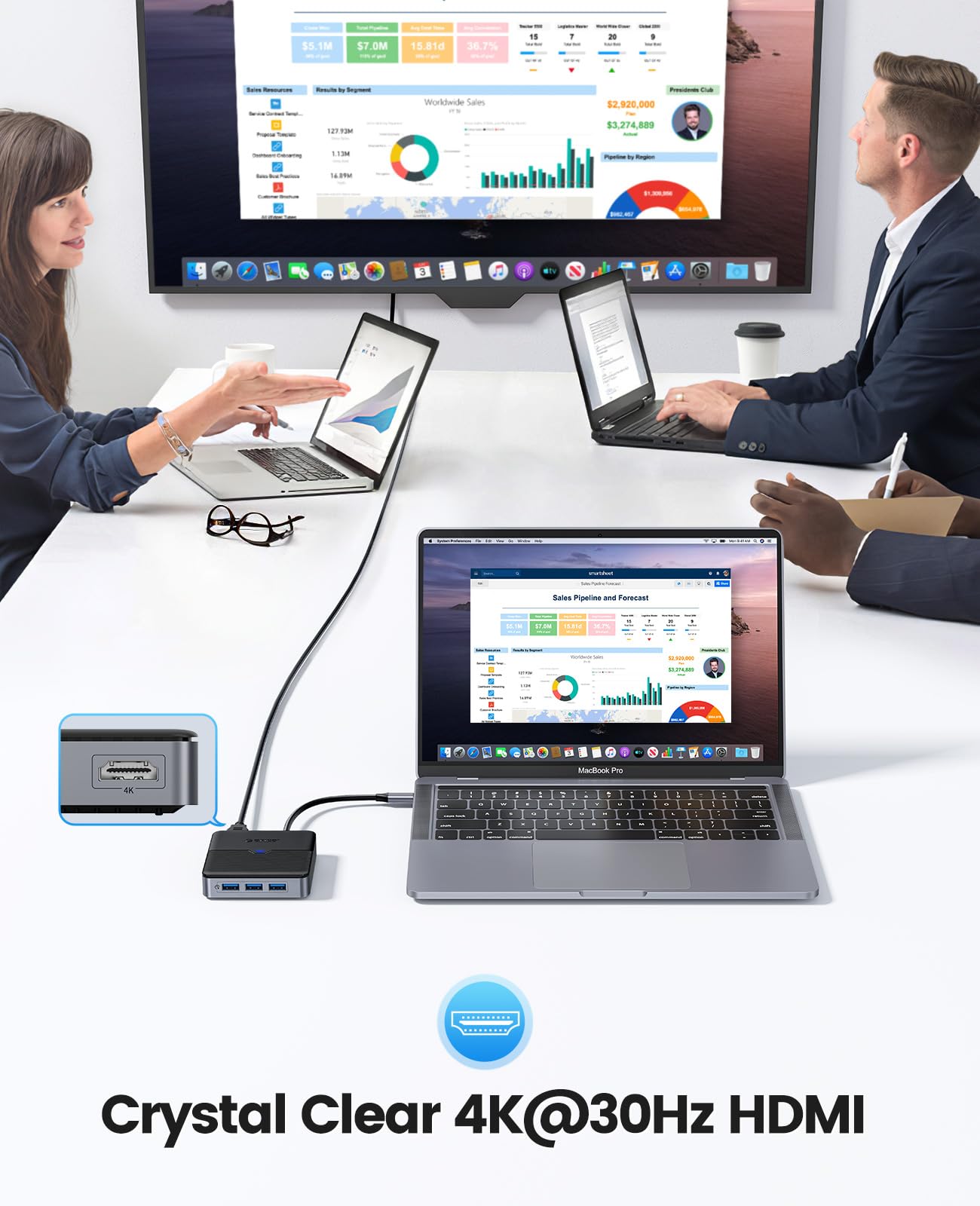 ORICO Hub USB C 6 in 1 Docking Station con Ethernet 1000M, 4K HDMI, PD 100W, 3 Porta USB-A 3.0 5 Gbps, Adattatore Splitter Tipo C per MacBook Air Pro M2 M1 iPad Surface Dell Hp (15cm)