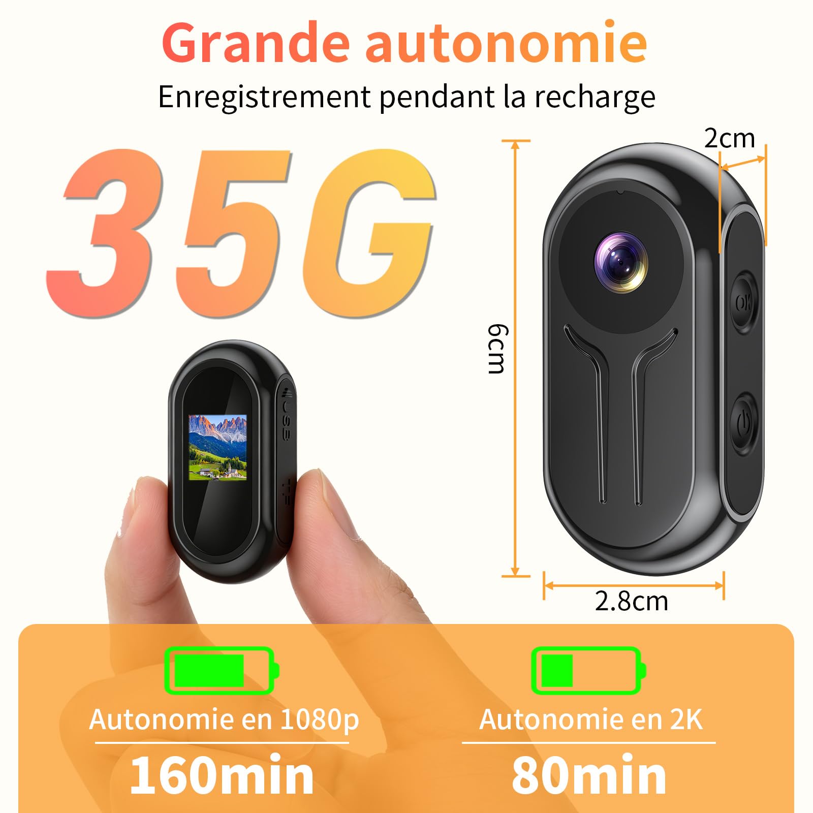 Action Camera WiFi,2K Ultra HD Mini BodyCam Corporelle, Mini Camera d'action avec Audio et Vidéo Action Cam, Caméra POV avec Écran Mains Libres pour Dashcam Moto, Vélo, Vlog,Aventure