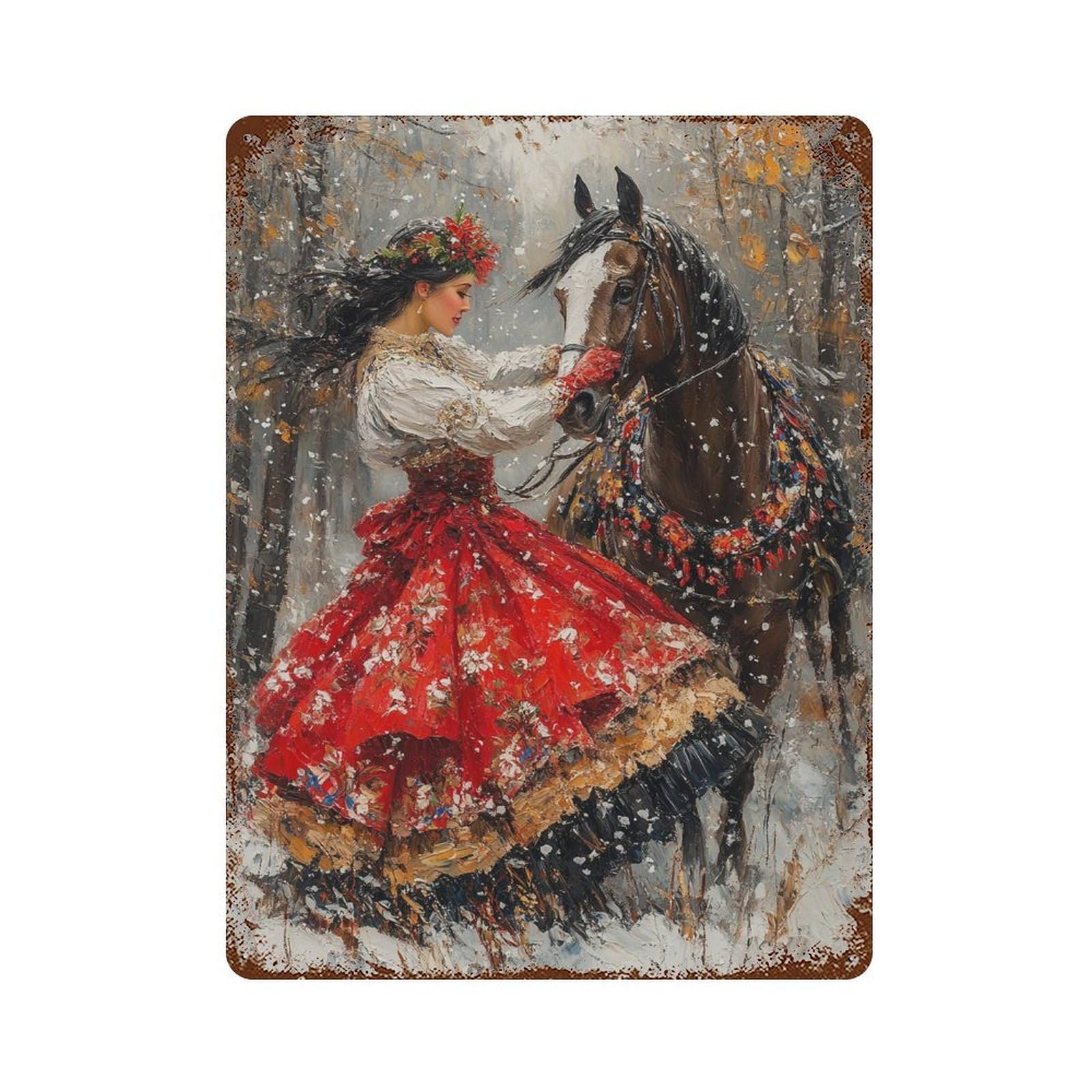 Winter Horse Ride Painting 15.7"x11.8" Distressed Metal Wall Sign, Shabby Chic Decor for Shed, Workshop And Garage Wall Decor