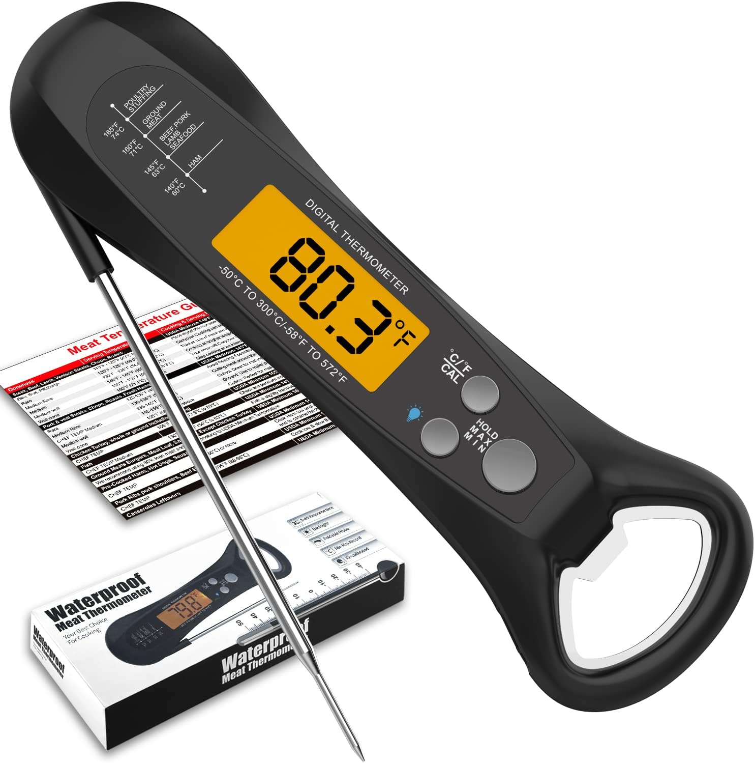 Digital Kitchen Meat Thermometer with Backlight LCD and Foldable Long Probe, Instant Read Food Cooking Thermometer Use for Grill,Liquid, BBQ, Baking and Candy-Deep Black