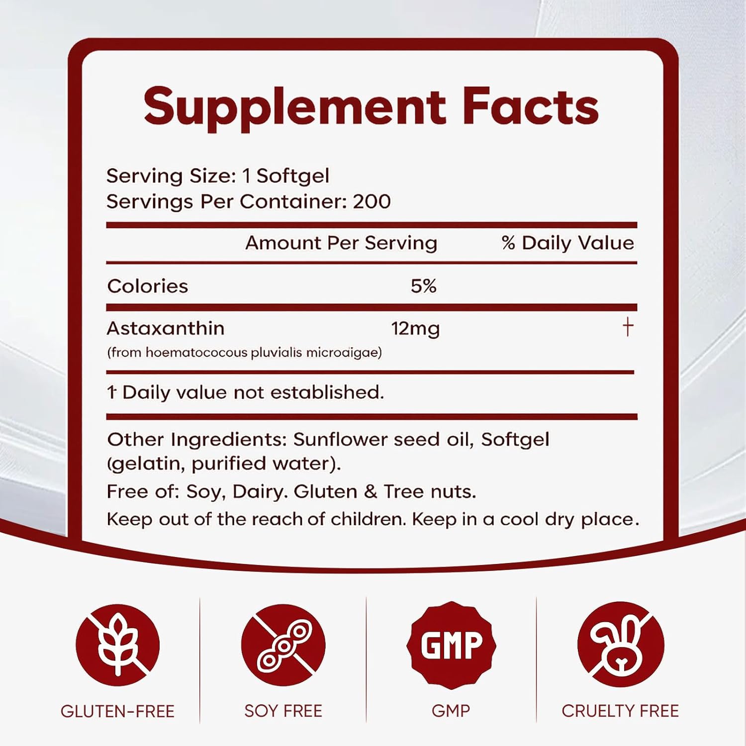 Rovina Astaxanthin 12mg Softgels - Premium Astaxanthin from Microalgae, Triple Strength, Immune Support - Non-GMO & Gluten Free 200 Softgels (1)
