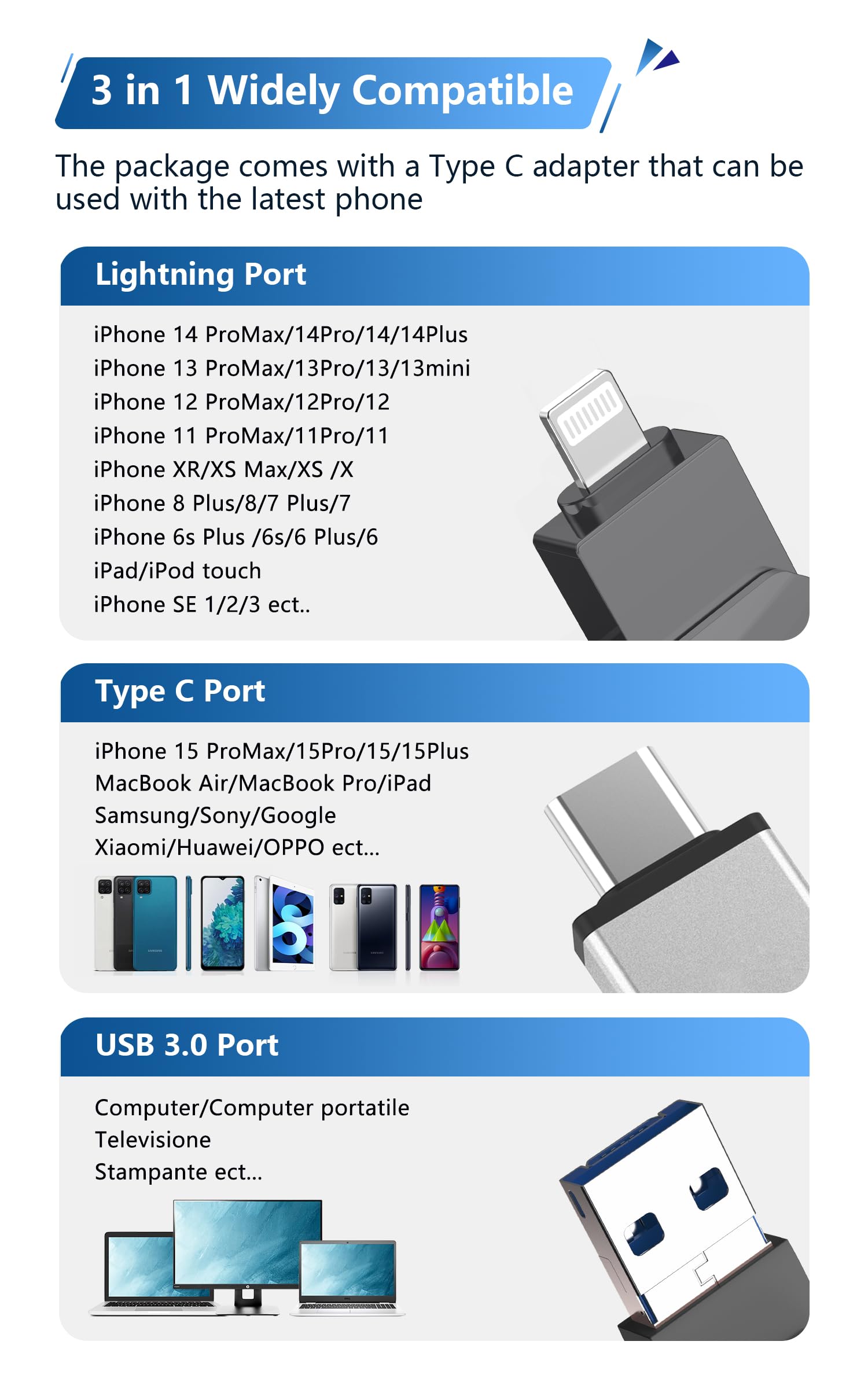 Patianco Chiavetta USB per iPhone 64GB [MFi Certified] USB 3.0 Pendrive per Lightning Chiave USB C Memoria Stick 3 in 1 Backup Rapido con un Clic per OTG Android/Mac/PC/Type C-iPhone/iPad(64GB,Nero)