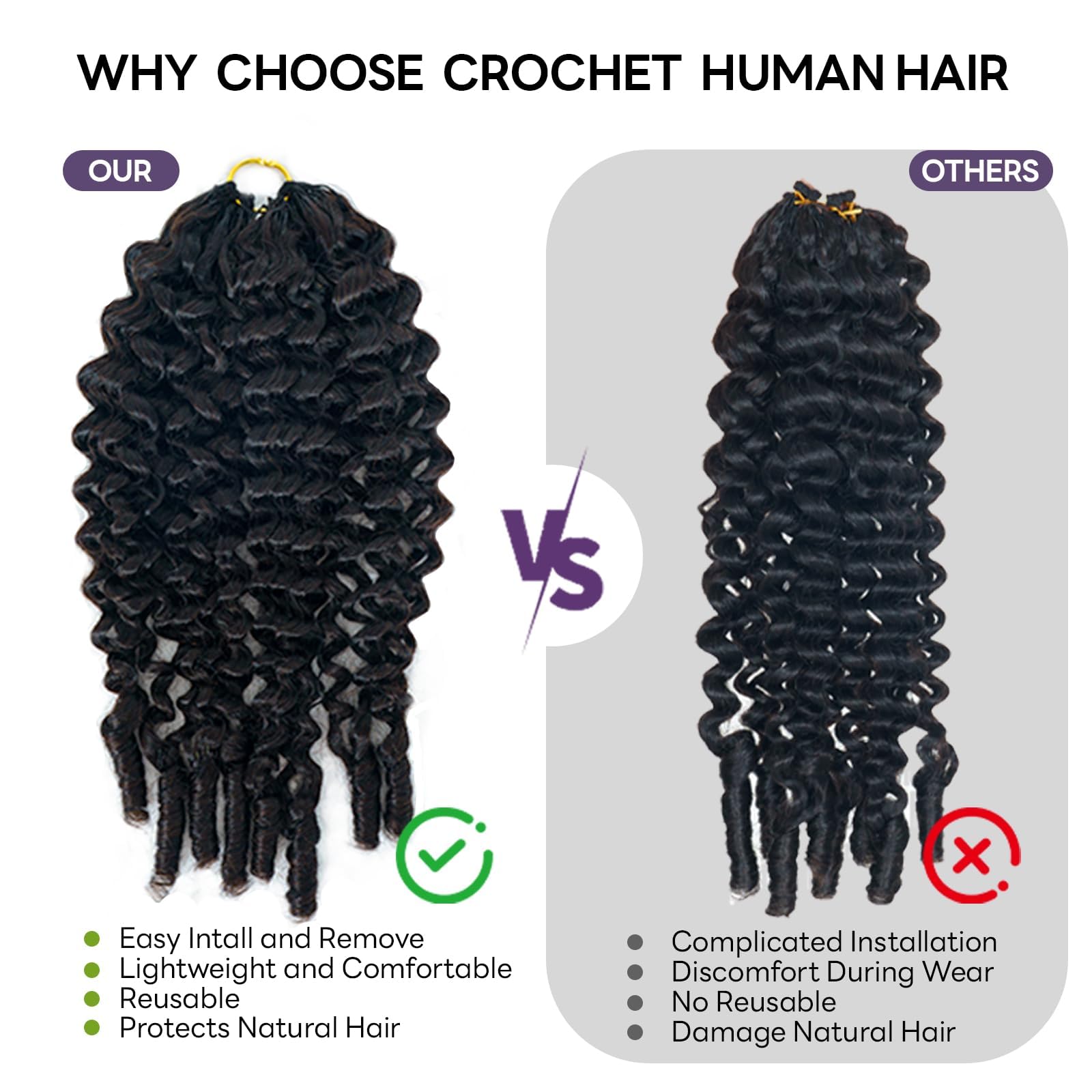 Cheveux humains au crochet à plumes pour femmes noires - Cheveux bouclés au crochet 100 % vierges bouclés pré-bouclés avec nœuds invisibles, sans nœuds, sans perte, installation rapide