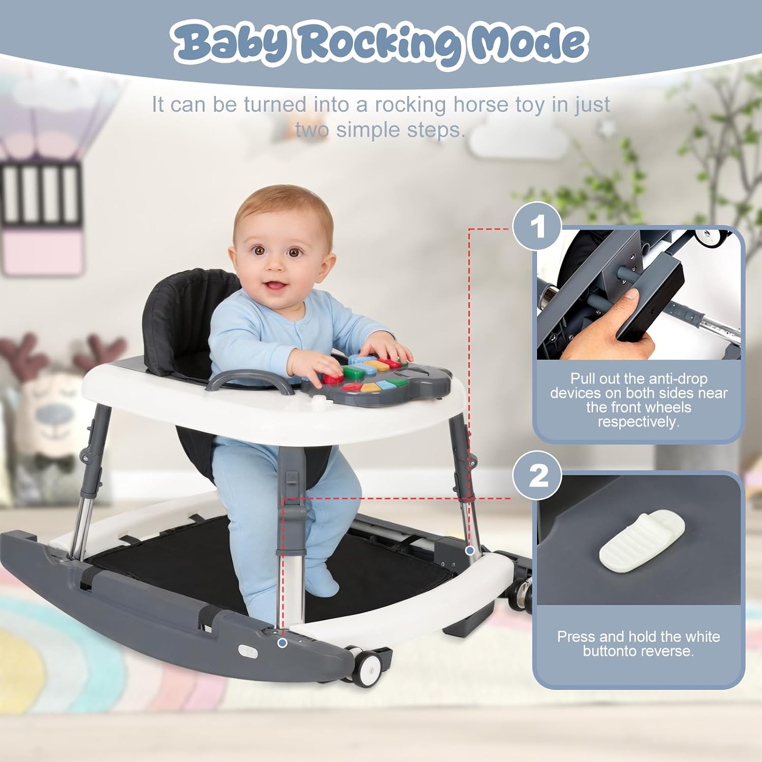 5-in-1 Baby Walker for Boys and Girls Music and Lights 6-18 Month, Foldable Baby Walkers with 5 Adjustable Heights, Infant Toddler Walker with Wheels and Combo Portable（Dark Gray）