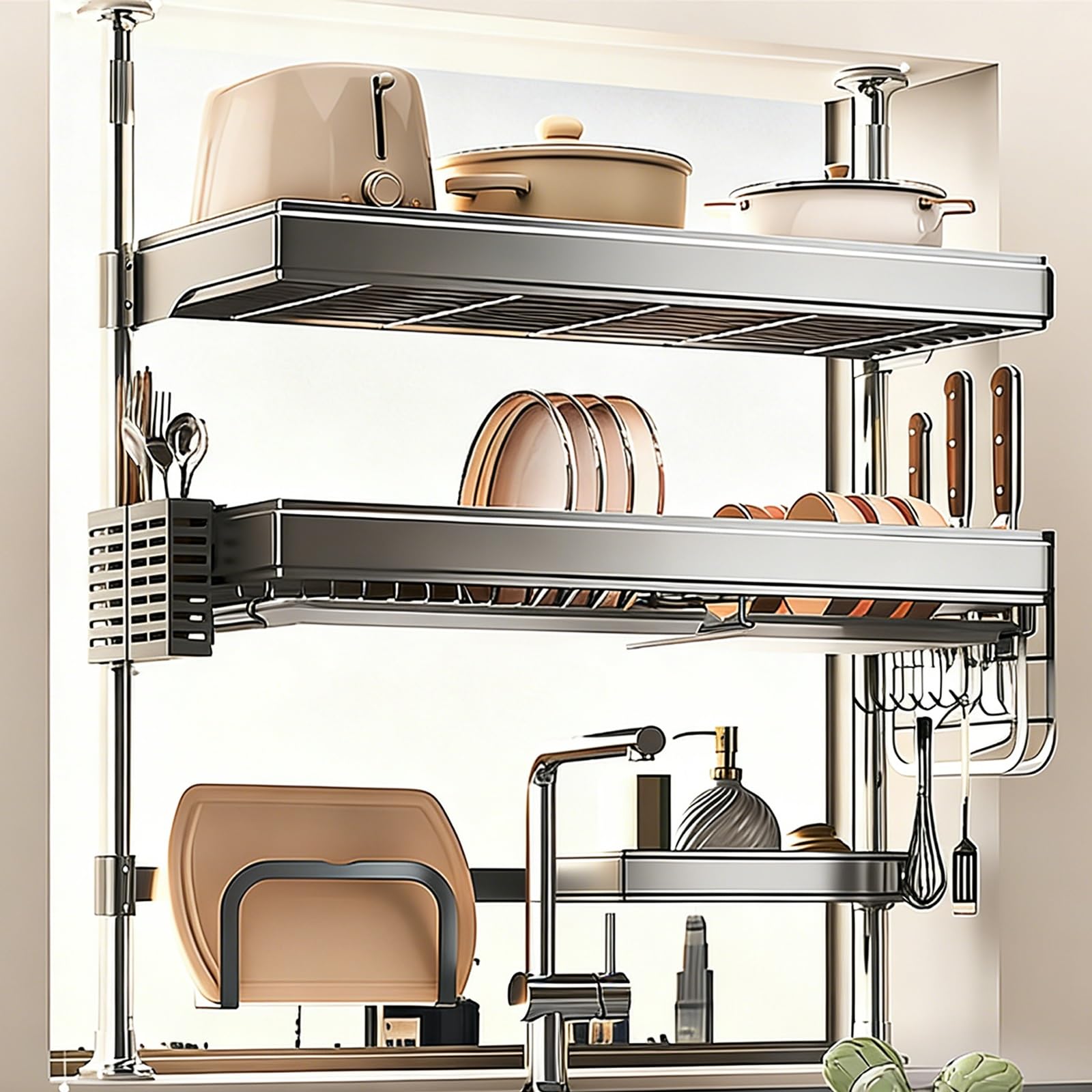 THNSAWX Expandable Over Sink Dish Drying Rack, Adjustable Dish Drainer Storage Rack, Kitchen Counter Storage Organization, Space-Saving, for Plates, Bowls(2 Tier 68-105cm,W88cm)